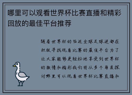 哪里可以观看世界杯比赛直播和精彩回放的最佳平台推荐